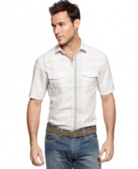 Subtle plaid and exposed stitching on this fitted button-front shirt from Alfani make it an understated stand out.