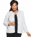 This plus size jacket by Kasper features a chic collarless silhouette and a studded front placket for a modern look.
