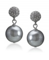 Chic sophistication in silver hues. These magical earrings by Carolee feature a crystal coated stud and a large charcoal-colored glass pearl drop (14 mm). Crafted in silvertone mixed metal. Surgical steel posts. Approximate drop: 1 inch.