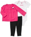 Keep her feeling like the princess she is in this sweet and sassy 3-piece bodysuit, pant and cardigan set from Carter's.