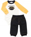He'll tackle the little brother role in comfort and style with this darling bodysuit and pant set from Carter's.
