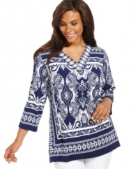 JM Collection's printed plus size tunic top is a perfect match for your neutral causal bottoms.