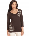 Floral embroidery, beading and leopard applique beautifully embellish Karen Scott's three-quarter sleeve top.