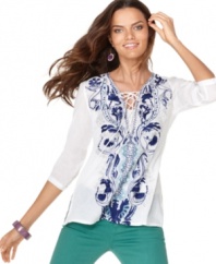 Go boho in this floral-embroidered Desigual top, perfect over your favorite spring denim!