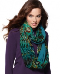 Proudly flaunt your boho chic fashion: a vibrant peacock-print loop scarf from Collection XIIX.