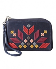 A trio of brilliantly hued embroidered leather designs embellish the Ruby wristlet for an updated look on hippie chic.