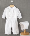 Sharp dressed little man. He'll look his very best for his special day in this Lauren Madison suit with matching hat.