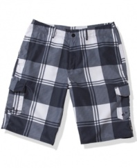 Be bold. Make a strong style statement with these comfortable buffalo-plaid cargo shorts from Univibe.