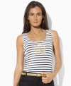 Lauren by Ralph Lauren's classic striped cotton tee is embellished with a gold-tone crest at the front for regal style.