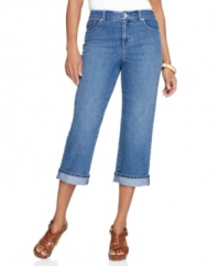 Style&co.'s cuffed capri jeans are just the thing to jump-start your spring look. The tummy control panel gives you a sleek, smooth silhouette, too!