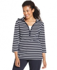 Set your sights on Karen Scott's layered-look top. It features seaside stripes and a hood for nautical-inspired style!