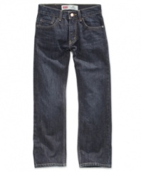 Solid construction with a classic profile, these husky straight jeans from Levi's are great-looking denim that will stand up to his casual style.