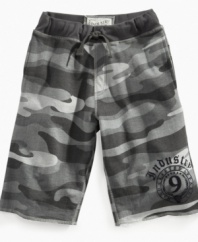 Style that won't blend in. He'll stand out in theses comfy but stylish camouflage shorts from Industry 9.