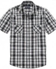 Redesign your warm-weather wardrobe with this plaid short-sleeved woven shirt from American Rag.