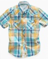 A plaid pick-me-up. His casual style will get a kick-start with this short-sleeved plaid shirt from Guess.