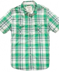 Check out bright new styles with this plaid woven shirt from Guess just in time for spring.