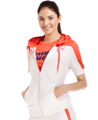 Warm up your workout in Puma's short-sleeve track jacket, perfect for summertime jogs!