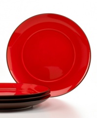 Incredible inside and out. Waechtersbach Duo dinner plates partner durable porcelain with a two-tone glaze that's shiny and red on one side, matte chocolate on the reverse.