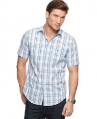 King of casual. Combine military design touches with crisp plaid on this shirt from Alfani for an authoritative style.