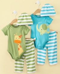 Play with the animals! He'll have as much fun as the cute critters he's wearing in these adorable bodysuit, pant and hat sets from First Impressions.