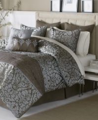 Traditional splendor takes shape in this Antionette comforter set, featuring an allover flourish design interspersed with stitched details. A muted brown and gray colorway and enough components to refresh your space, including window treatments, finish the set.