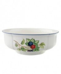 The Cottage Inn round vegetable bowl is a colorful addition to the sophisticated table. Lush, dancing clusters of ripened blueberries, raspberries and cherries are a stunning contrast on creamy white porcelain and lend every meal a touch of traditional elegance.