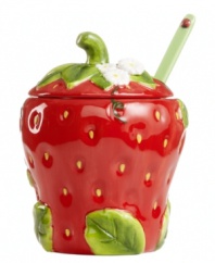 Ripe for the taking, the Strawberry jam jar from Martha Stewart Collection has all the appeal of summer's juiciest fruit. With figural leaf and ladybug detail.