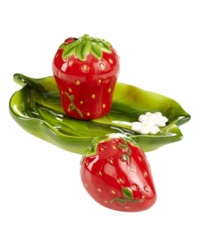 Ripe for the taking, Strawberry salt and pepper shakers from Martha Stewart Collection have all the appeal of summer's juiciest fruit. With a figural leaf dish.