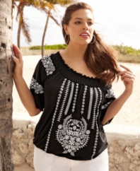 Complete your summer look with INC's short sleeve plus size peasant top, highlighted by delightful embroidery-- it's a must-have for the season!
