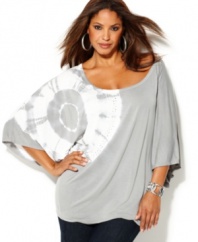 To die for: INC's butterfly sleeve plus size top, rocking a tie-dye print-- pair it with your favorite casual bottoms!