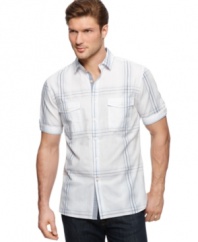 Get bold. A large plaid design on this dobby shirt from Alfani makes sure you never blend into a crowd.