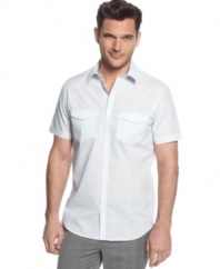 This short-sleeved shirt from Calvin Klein is ready for your after hours summer style.