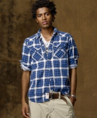 Relaxed yet stylish, a rugged Holmes plaid Western shirt in crisp cotton twill exudes authentic downtown style.