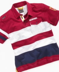 He'll love sporting stripes in this athletic-inspired polo shirt from Akademiks.