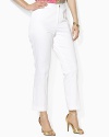 A sleek pant is rendered in stretch sateen twill and finished without pockets for a lean silhouette.