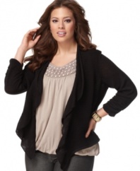 Top off your sleeveless styles with Alfani's three-quarter sleeve plus size cardigan, featuring an open front design.