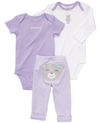 Dressing her for the day will be easy and fun with this 3-piece bodysuits and pant set from Carter's.