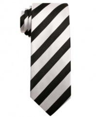 Stand out in the big bold stripes of this sleek, skinny tie from Alfani RED.