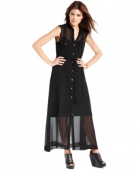 A hot must-have, this DKNYC maxi dress combines both sheer chiffon & shirtdress styling for a fashion-forward summer look!