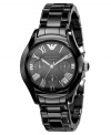Emporio Armani gives a stylish edge to traditional design with this sleek watch. High-lacquer black ceramic bracelet and round case. Black chronograph dial features logo, silver tone Roman numerals, date window and three subdials. Quartz movement. Water resistant to 30 meters. Three-year limited warranty.