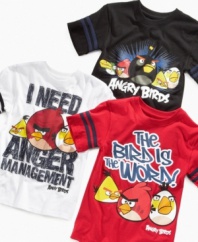 Keep him happy with one of these fun Angry Bird grahpic tee shirts from Epic Threads.