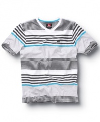 The sharp striped pattern on this v-neck t-shirt from Quiksilver will get him known for his schoolyard sartorial sensibilities.