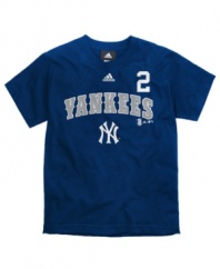 Wear the rivalry. He can sport the names and numbers of his heroes from either the Yankees or the Red Sox with this team t-shirt from adidas.