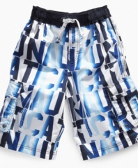 Branded. He'll be pegged for having great swim style with these striking trunks from Nautica.