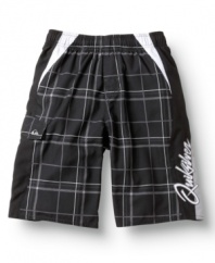 Rule the tides in style. He can throw on these plaid boardshorts from Quiksilver and stand out in the surf.