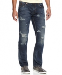 Waste not. These distressed jeans from Guess are made from a recycled cotton blend for style with a story.