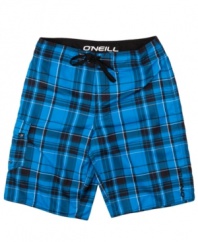 Greet the season in chill, surfer style with these plaid board shorts from O'Neill.