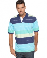 Stay in line. Get noticed no matter who you're standing next to in this multicolor-striped polo shirt from Izod.