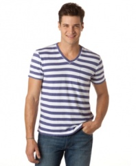 Breeze through the weekend in this striped v-neck shirt from Calvin Klein Jeans.