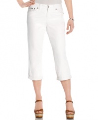 Style&co. puts a twist on white denim capri pants with edgy studs and a touch of rhinestone sparkle! Extra tummy control ensures a smooth silhouette, too.